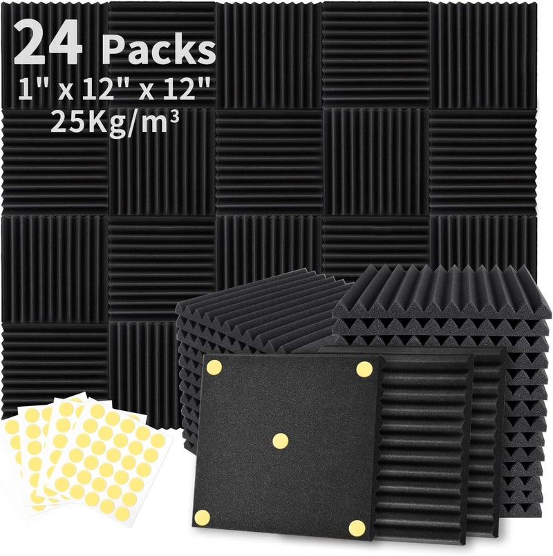 Focusound 24 Pack Acoustic Foam Panels 1" x 12" x 12" Sound Proof Foam Panles Soundproofing Noise Cancelling Wedge Panels for Home Office Recoding Studio with 240PCS Double-Side Adhesive - Image 1
